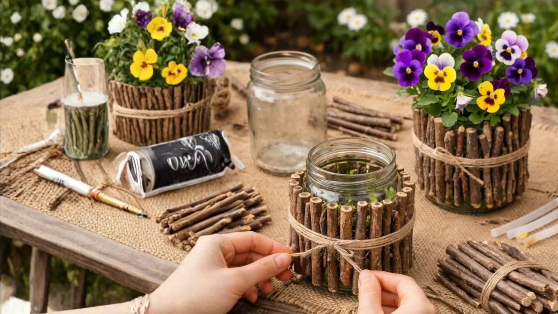 doniczki wokół których obwiązane są małe patyczki. W doniczkach bratki.